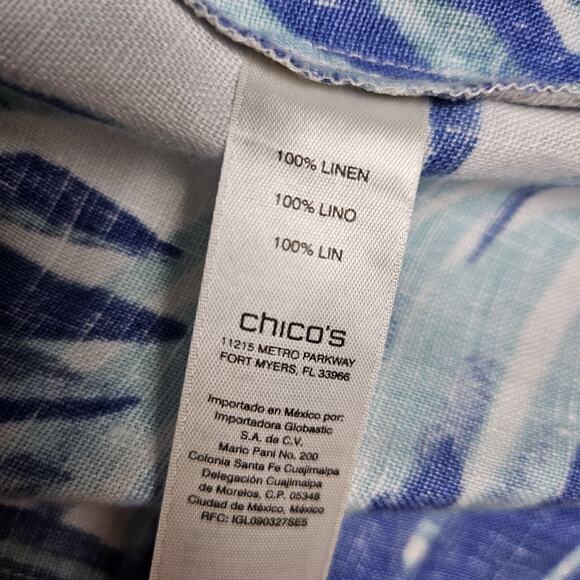 Chicos 2 Linen Open Blazer Jacket Roll Tab Sleeve White Blue Tropical Womens L - Picture 7 of 12